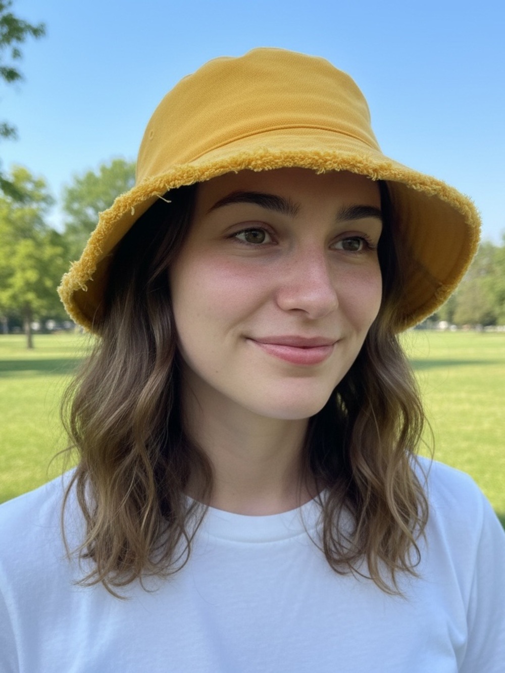 Yellow Frayed-Edge Bucket Hat - Women Accessories